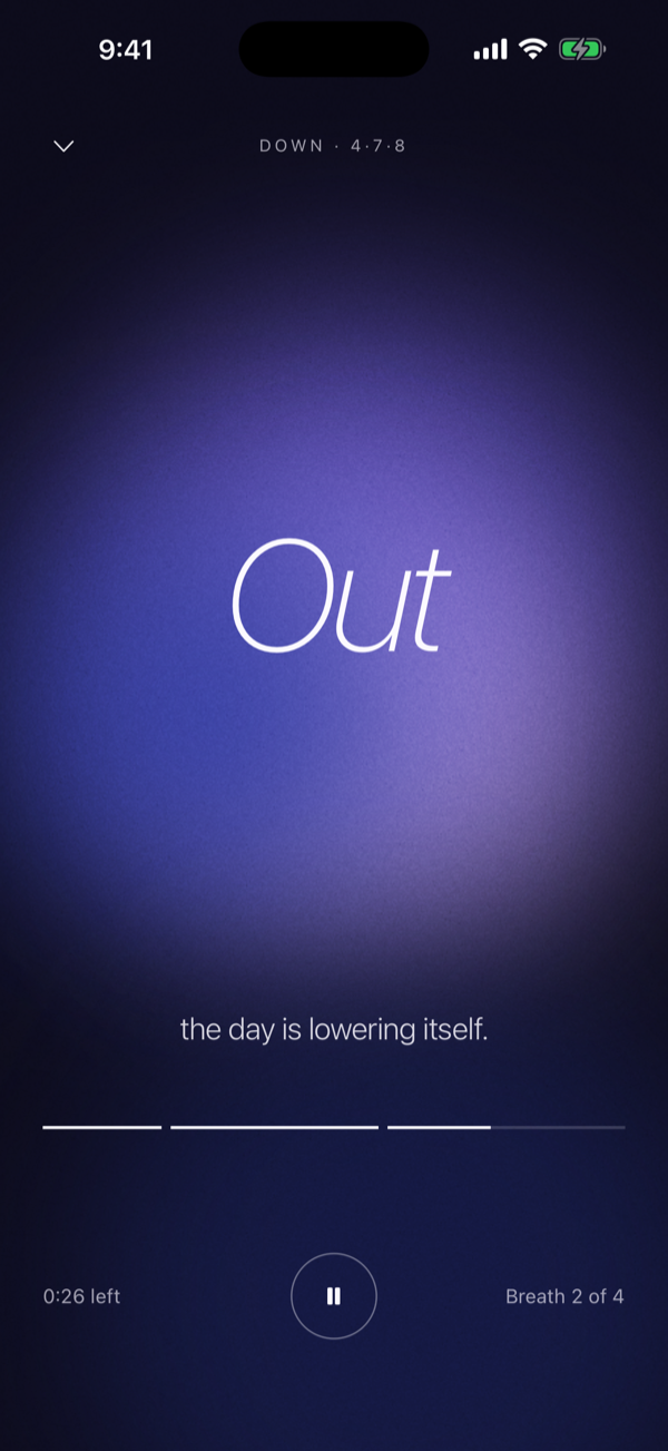 A Held breathing session on iPhone: a soft blue light and the word Out, with the line the day is lowering itself.